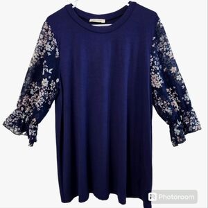 FIRST LOOK TUNIC W/SHEER SLEEVES SZ L NAVY BLUE